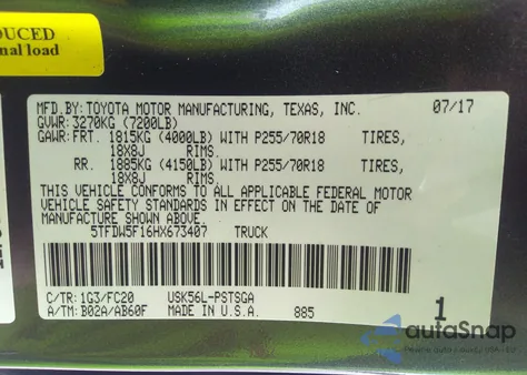 2017 Toyota Tundra Sr5 5.7L V8 z USA, uszkodzony, nr VIN 5TFDW5F16HX673407